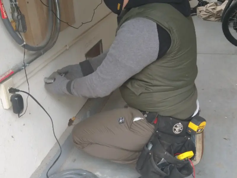 Electrician performing outlet wiring in a Montclair garage